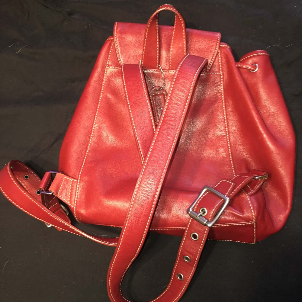 Coach Red Leather Drawstring Backpack with Buckle… - image 6